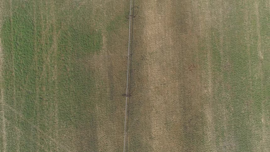 Water arcs from line in middle of field watering grass
