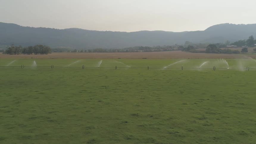 Irrigation system in field on farm