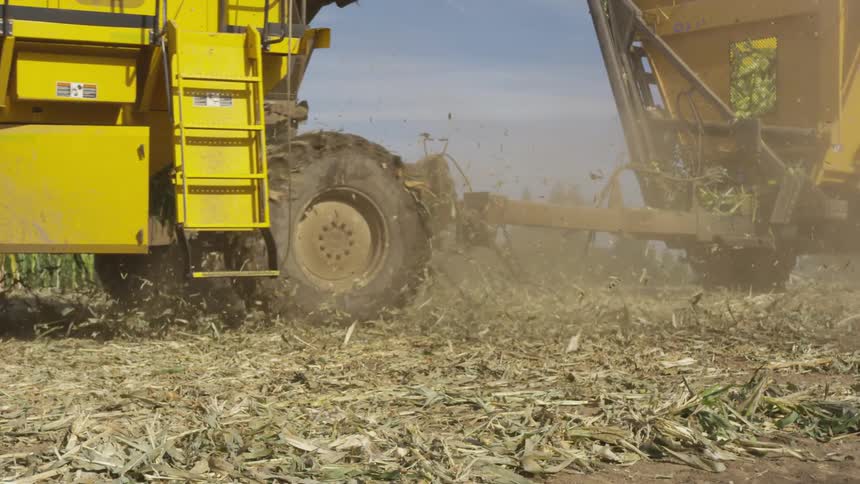 A tractor kicks up scraps from harvested crops while driving through a field