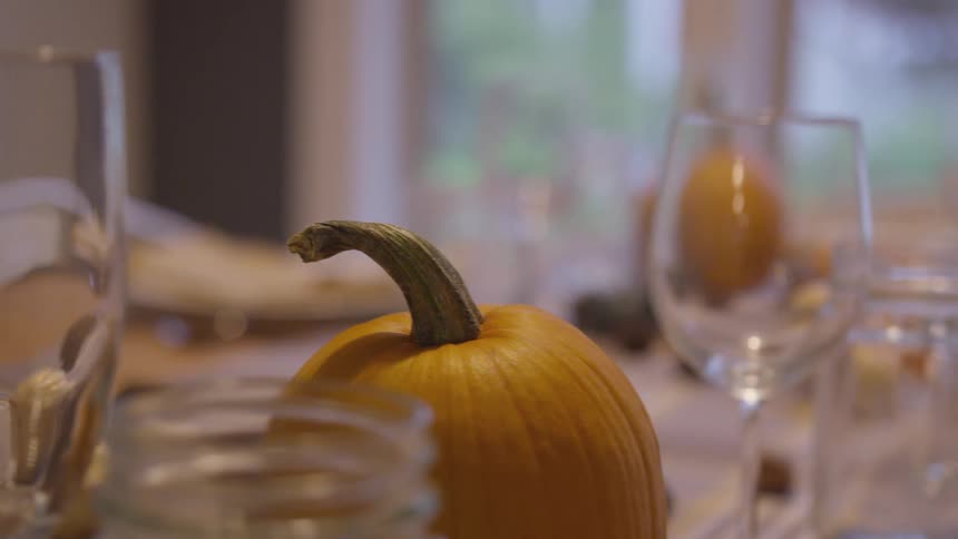Pumpkin centerpiece on dining table with wine glasses