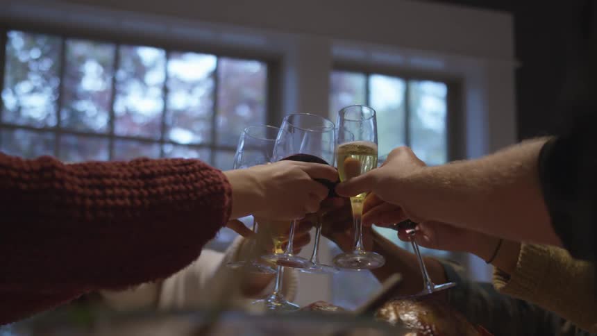 A group of people sitting at a table put their glasses of wine together as they toast
