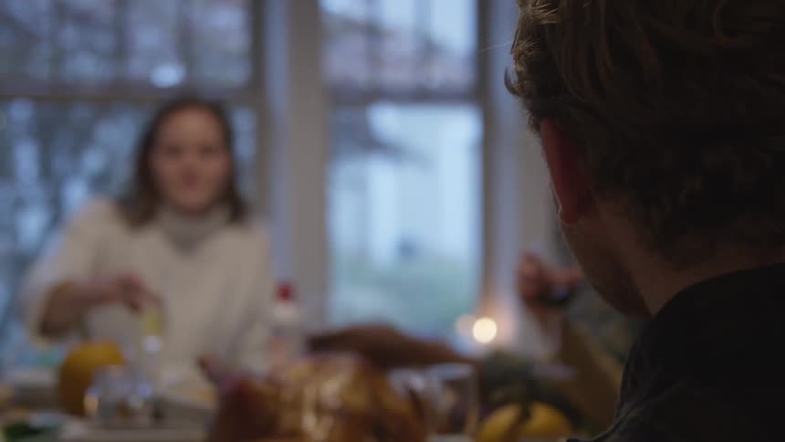 A group of people sitting at the dining room table for a holiday turkey meal