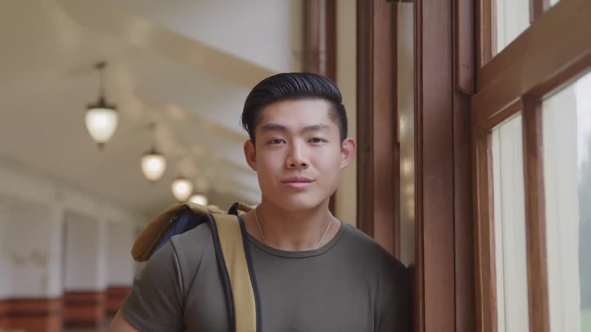 Am asian student is standing in a hall with a bookbag on his shoulder looking out a window