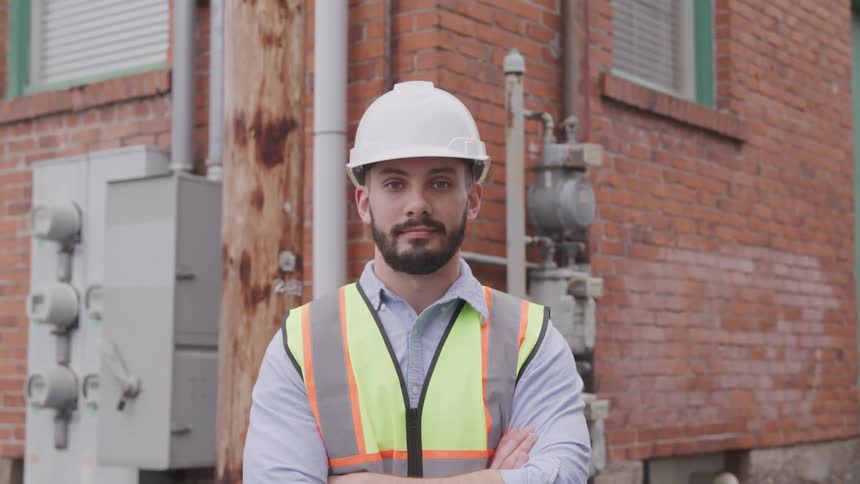 A construction worker stands in front of a building with his hard hat and vest on