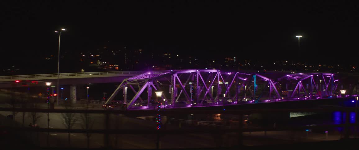 Bridge decorated with purple lights in the city at night