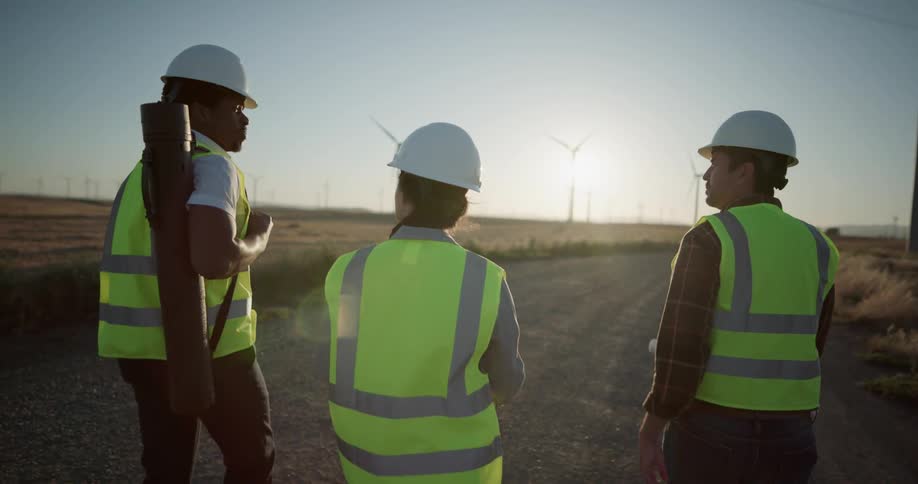 A construction crew walk down a gravel road as they survey the land near wind turbines