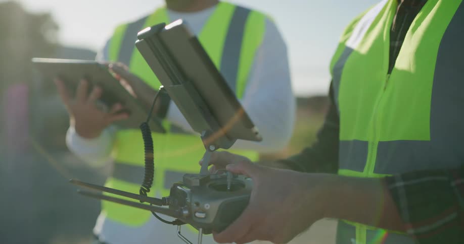 Two engineers fly a drone over a construction site at sunset
