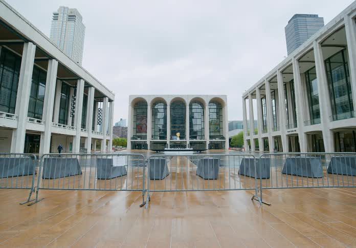 Inner plaza of a building complex in the city on an overcast day