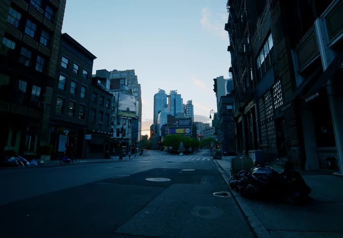 A view of an empty downtown city is displayed