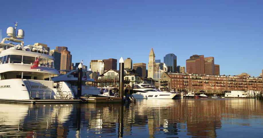 Ships and boats docked with a downtown skyline in the distance