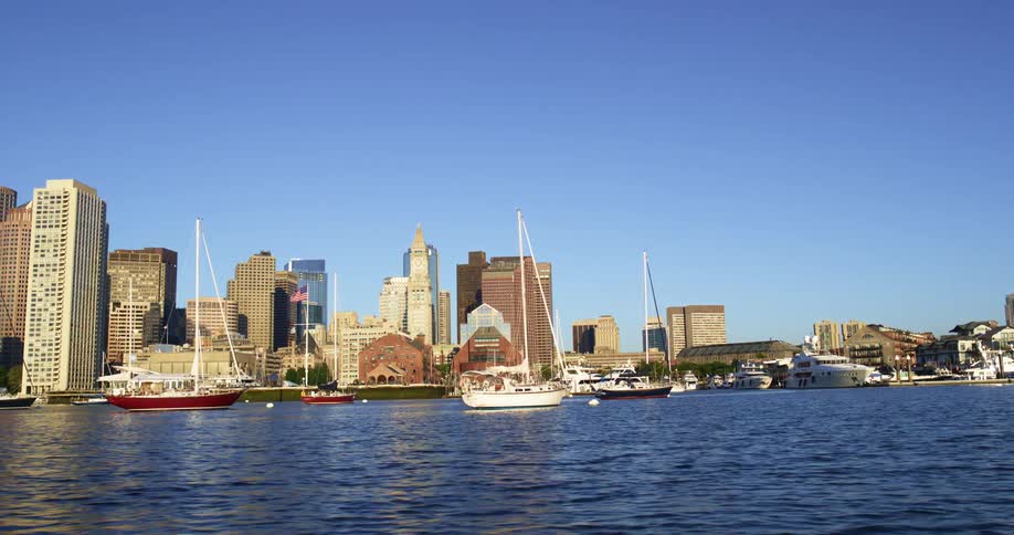 Sailboats off the coast of a metropolis on a sunny day