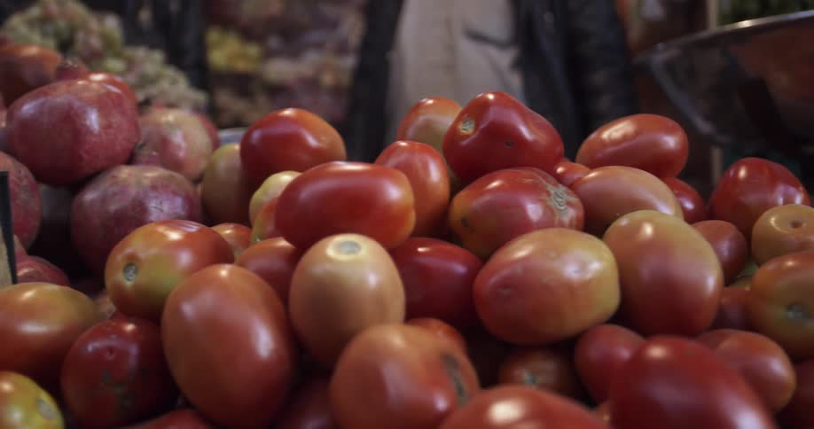 Fresh fruits and vegetables on table in market
