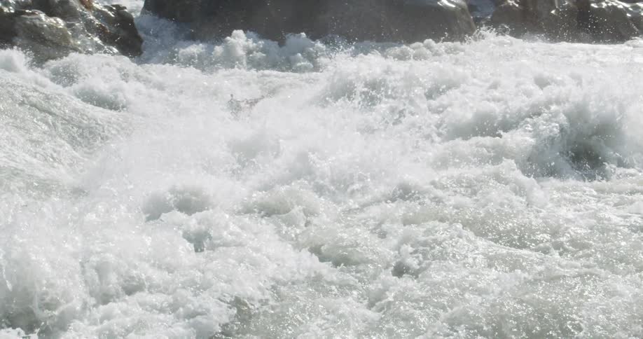 A kayaker navigates the rapids of a river on a sunny day