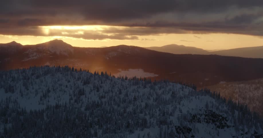 Landscape of a snow covered forest with hills in the background