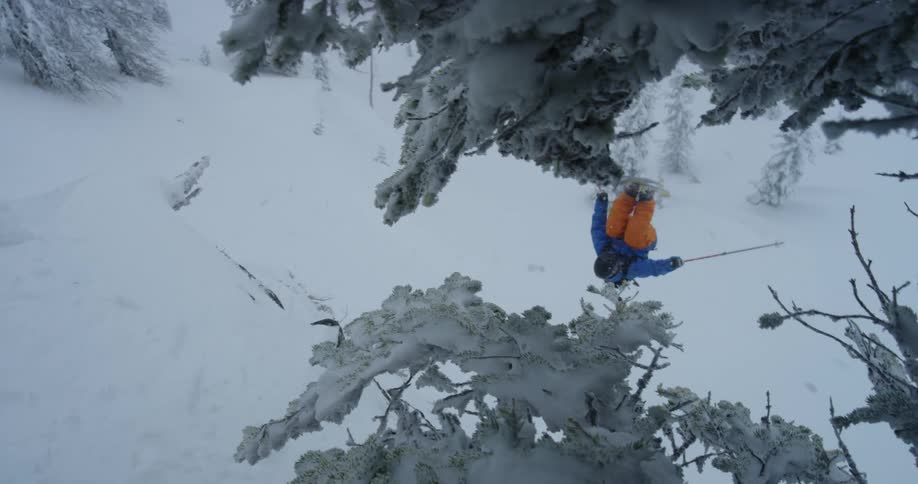 A skier doing a front flip in snowy mountains