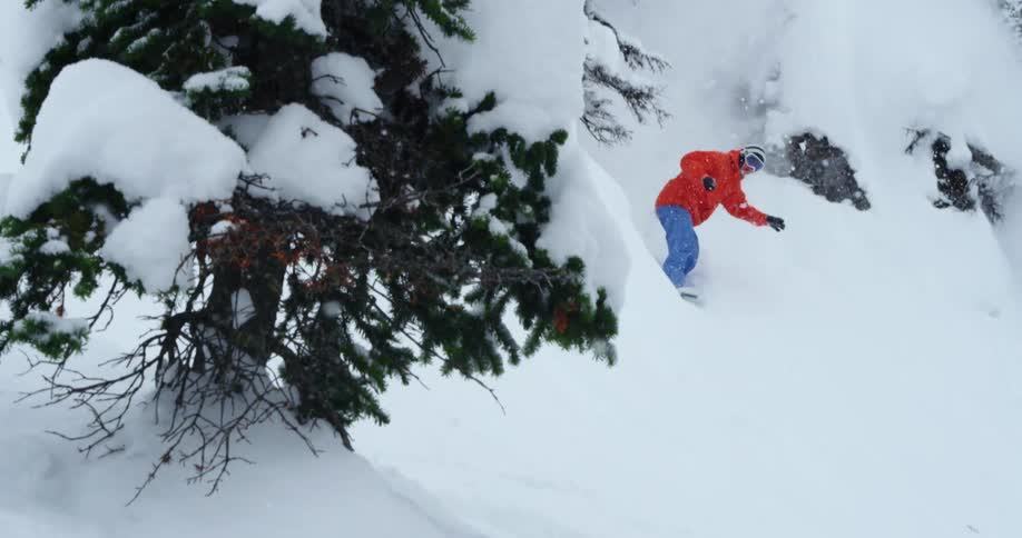 Man snowboarding down the snow covered slope of a mountain through the pine trees