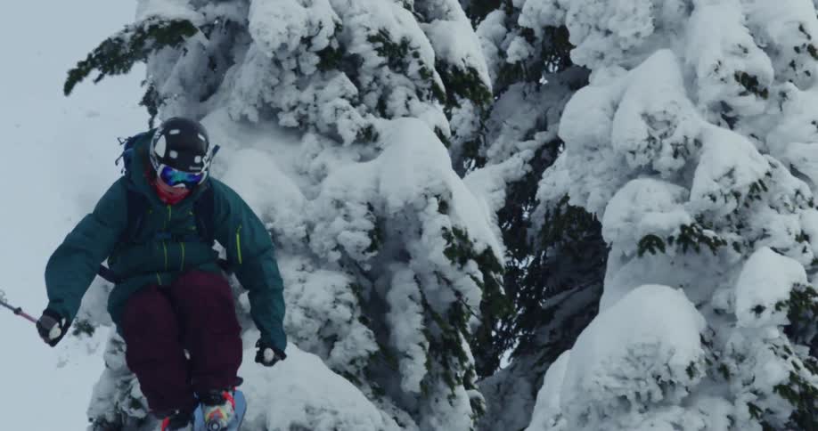 A skier jumping with skis tight together before landing with a snow covered tree behind