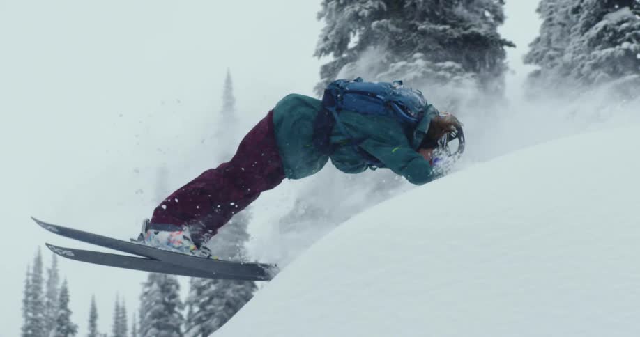 Skier sliding down a slope tries to stop and falls near the pine trees