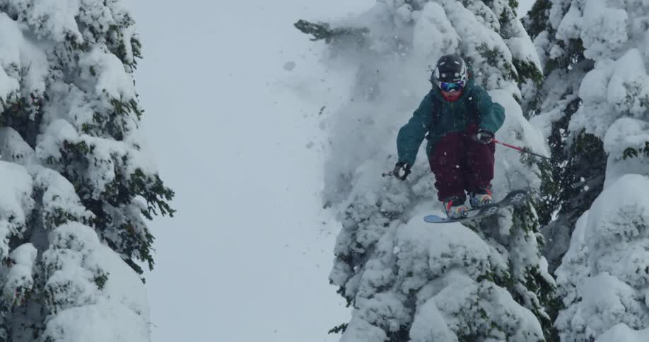A skier crashes through the snow covered branches of a tree as they fall from the sky onto a mountain slope