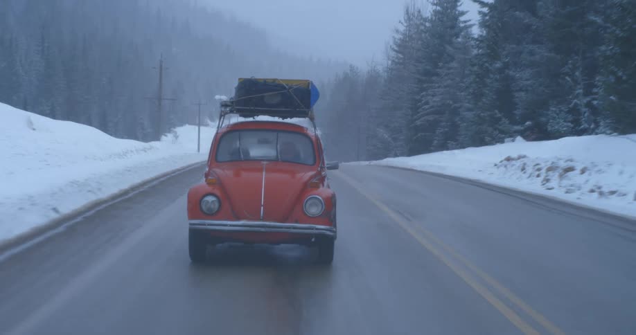 A retro vehicle with luggage tied to the top travels through an evergreen forest on a foggy winter day