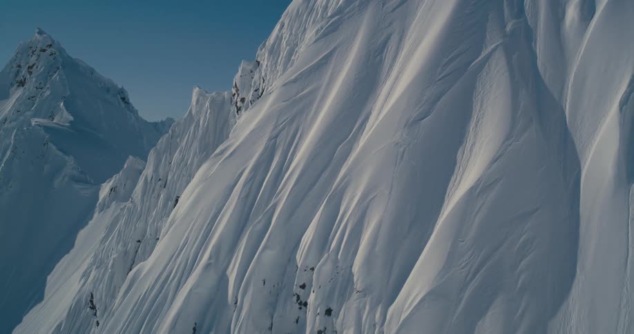 Snow covered slopes and cliffs of the peaks of a mountain range