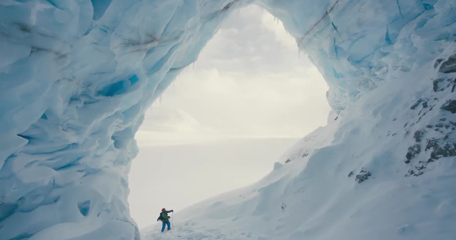 Person stands in entrance to large ice cave