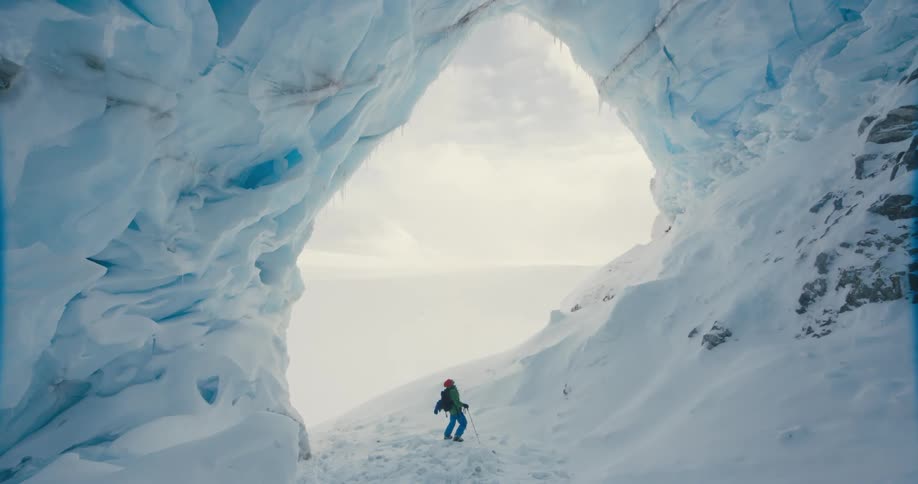 Person stands in large ice cave in mountains