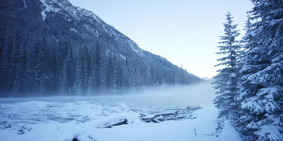 Mist over a river through a snow covered pine forest next to the mountains at morning