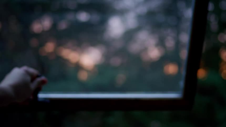 A hand opens a window looking at the forest at sunset