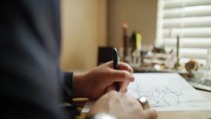 A man in his home sketches a picture