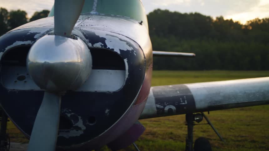 Weathered airplane with peeling paint sits in mowed field near woods