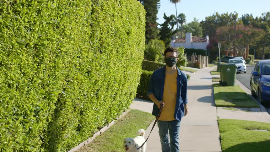 A man wearing a mask walks a dog on a neighborhood sidewalk on a sunny day