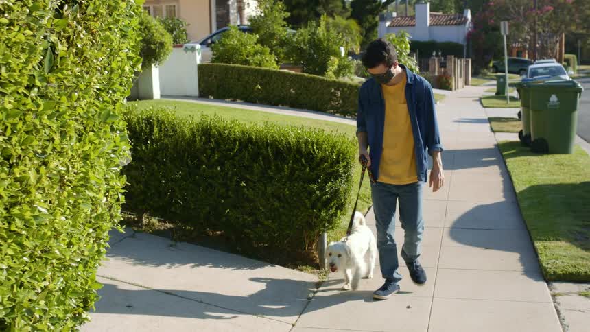 A man is walking his dog in a neighborhood