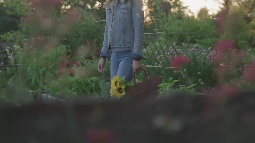 Woman carrying flowers walks through a flower garden