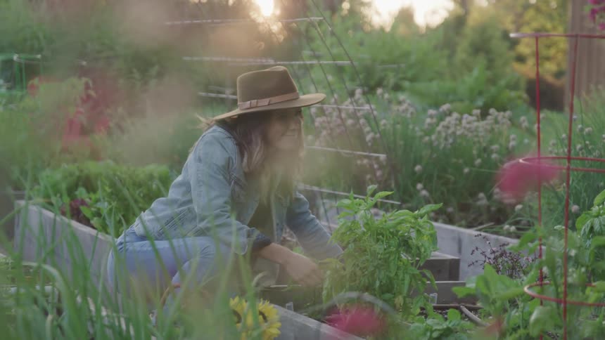 A woman in a garden kneeling over plants and flowers