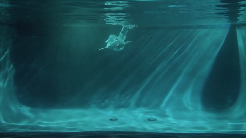 A woman is floating in the middle of the pool