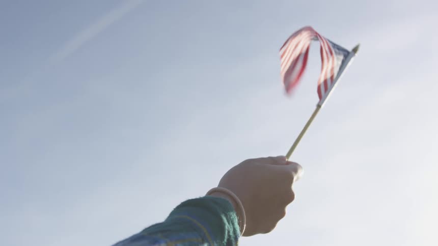 A woman holding a small american flag outside