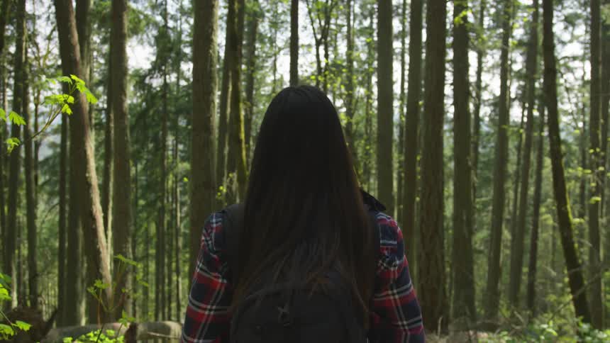 A woman is standing in the woods