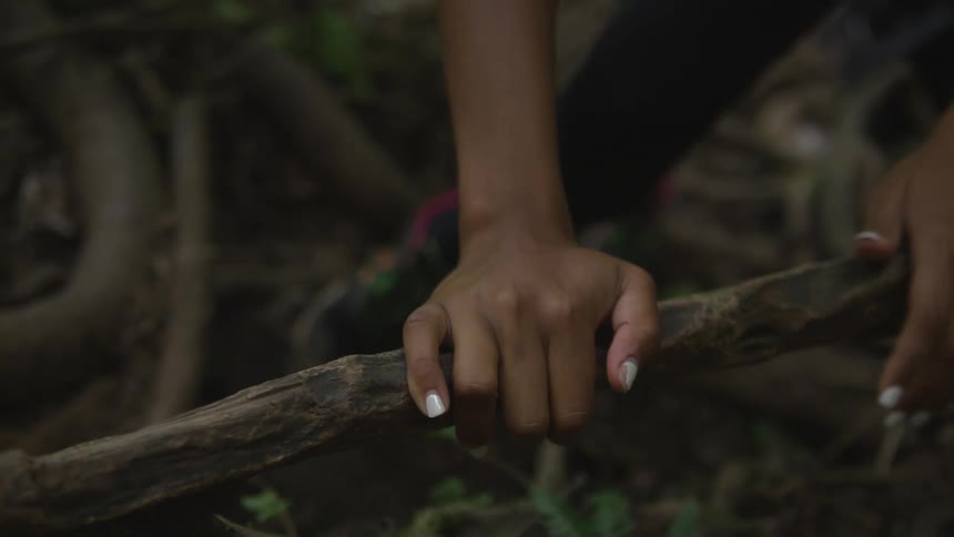 Hands grab and hold onto a branch as a woman climbs up over tree roots