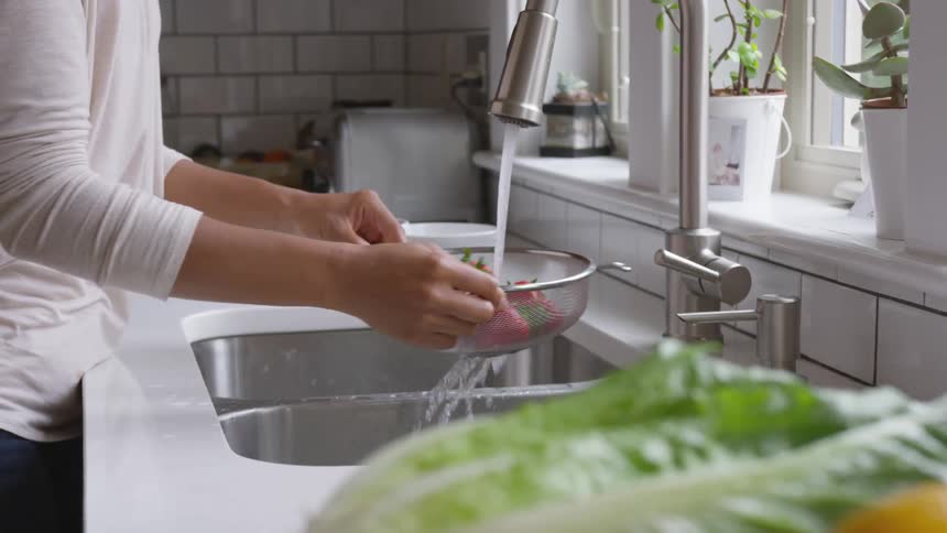 A person rinses off fresh fruit in a basket in the sink
