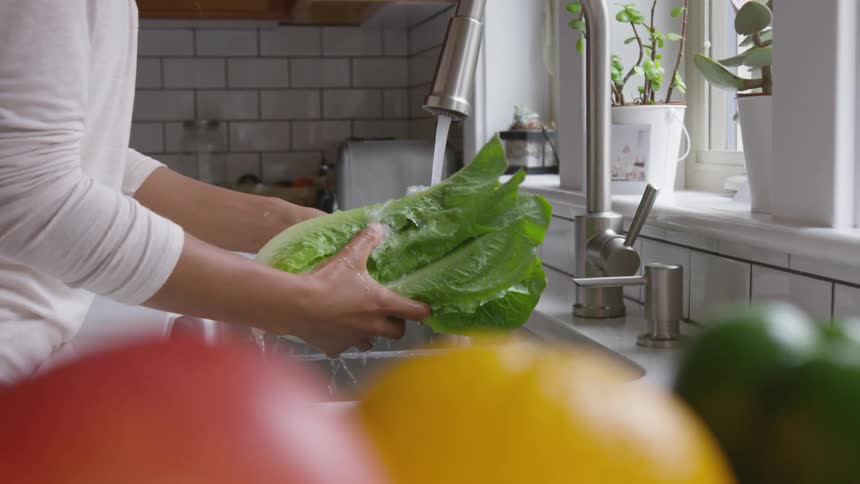 A person rinses off a green leaf vegetable in their kitchen sink