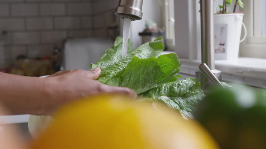 A woman washing lettuce at her kitchen sink