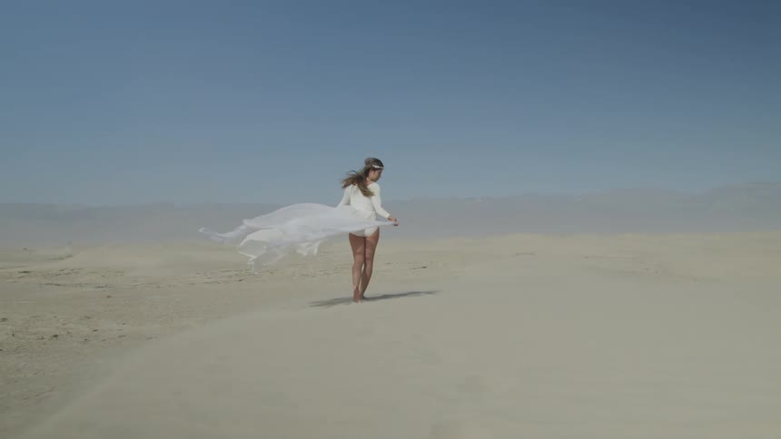 A woman holds her dress behind her so it catches in the wind as she walks along the beach
