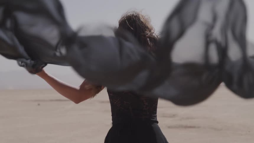 A woman in a dress stands on the beach and holds a scarf behind her that blows in the wind