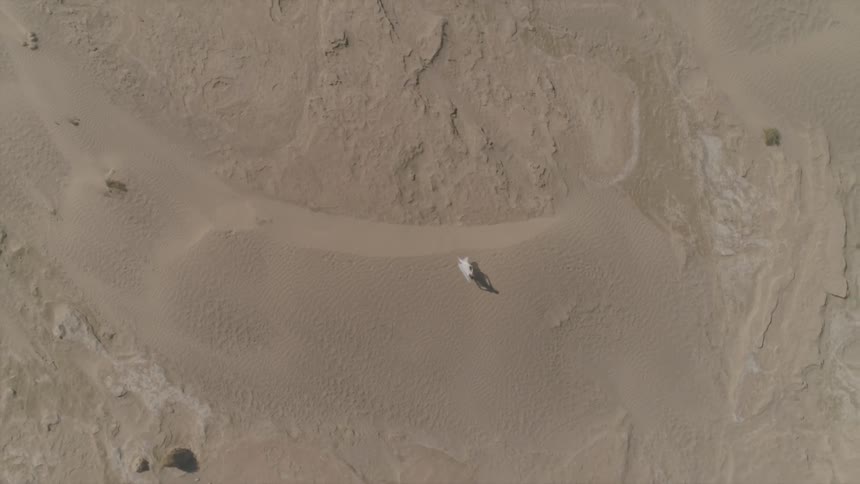 Top down aerial view of a young woman on a desert wearing a white dress waving in the wind