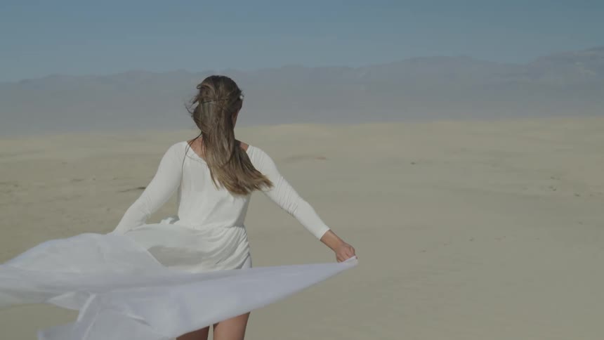 A woman walking in a dress that is blowing in the wind