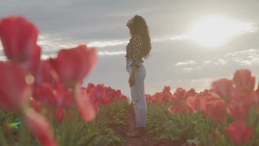 A young woman gazes up at the sky while standing in a field of flowers as the sun shines through a gap in the cloudy sky