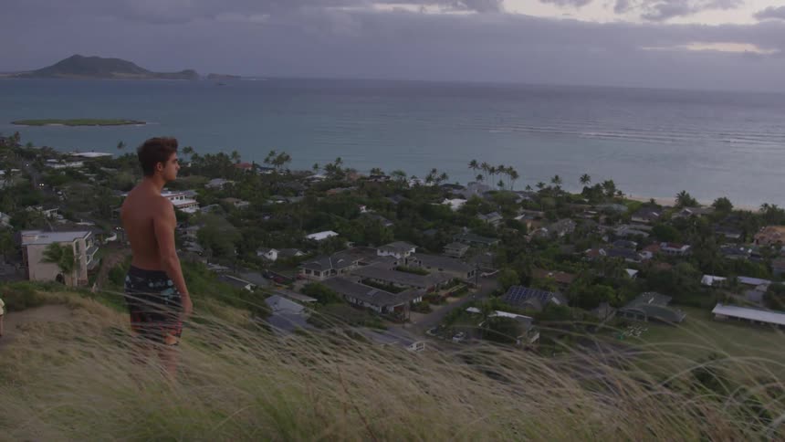 A man standing on a grassy hill near the coast with houses trees and the ocean in the background