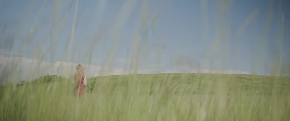 A blonde haired woman in a red dress stands in the tall grass on a breezy sunny day