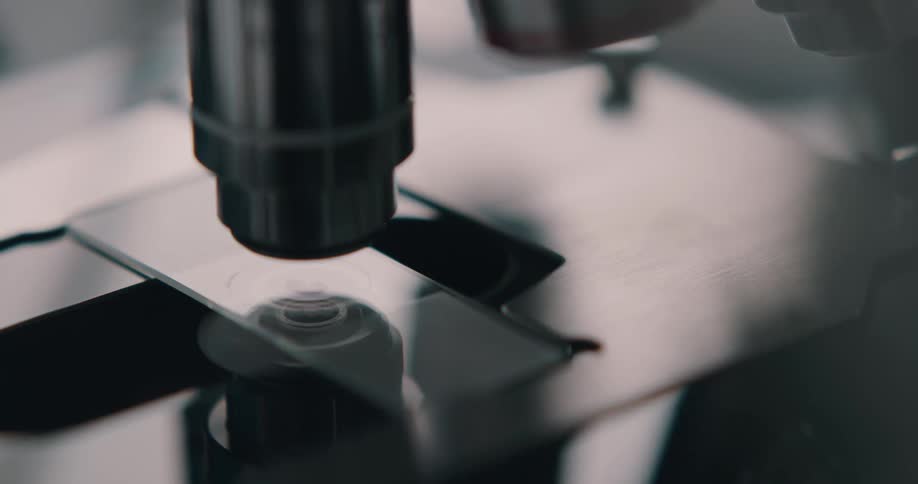 Lens over the flat glass slide on the stage of a microscope